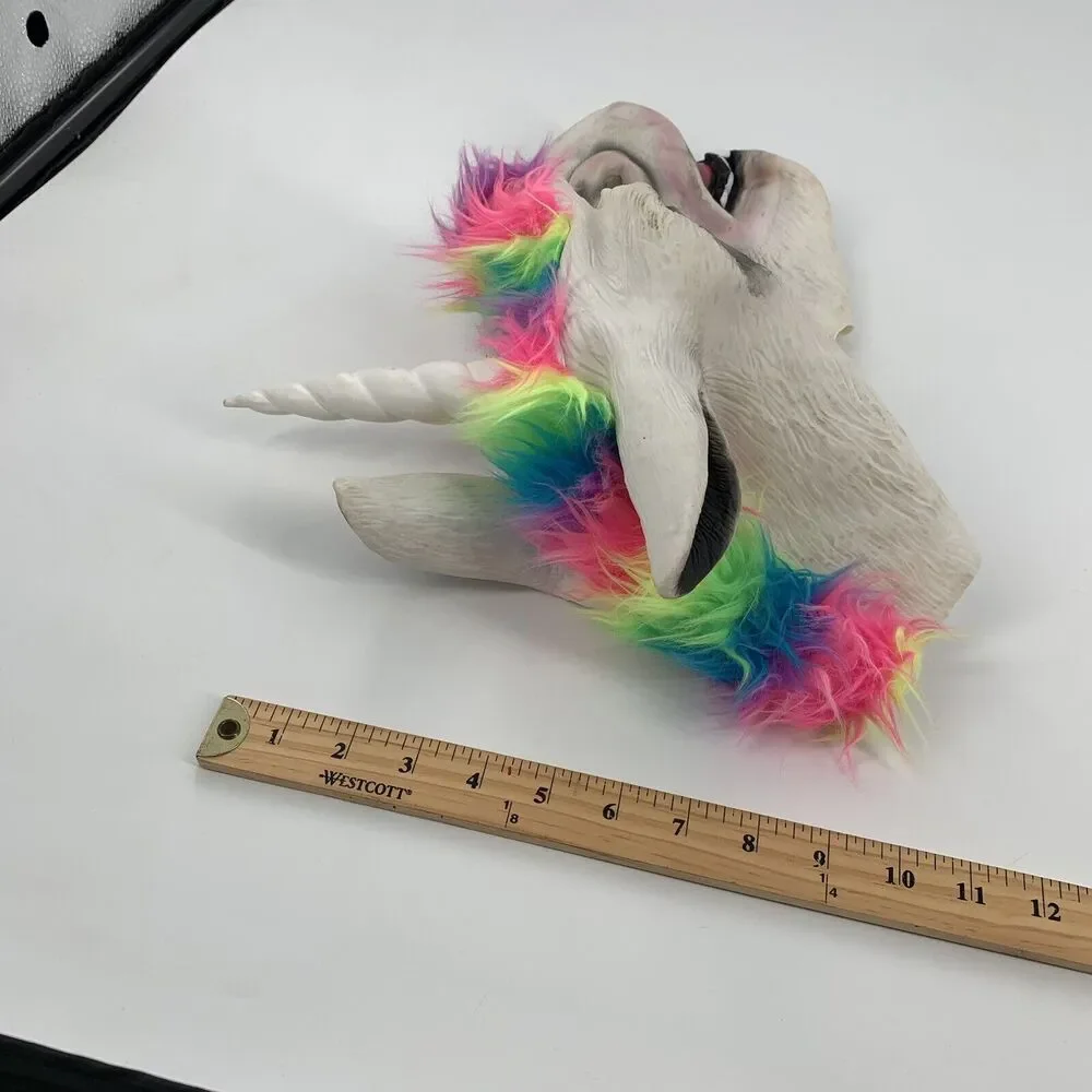 Latex Rainbow Mohawk Unicorn Mask Full Head Animal Mask Adult Horse White OS